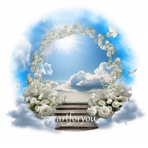 Op de afbeelding: Een witte bloemenboog met een trap die naar een helderblauwe lucht met witte wolken leidt. De boog is gemaakt van witte bloemen en is omgeven door witte wolken. De trap is van hout en heeft een rustieke uitstraling. De lucht is helderblauw en heeft witte wolken. De afbeelding is een mooie en serene weergave van de hemel.