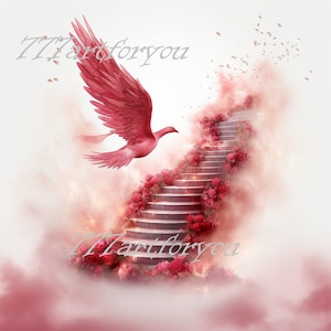 Red Heavens Stairway In Loving Memory Angel Wings Memorial Background PNG add photo rest in peace template for funeral RIP Memorial