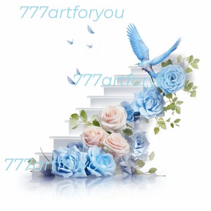 Baby Blue Stairs Dove Roses In Loving Memory Angel Wings Memorial Background PNG add photo rest in peace template for funeral RIP Memorial