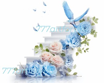 Baby Blue Stairs Dove Roses W kochającej pamięci Angel Wings Memorial Background PNG dodaj zdjęcie spoczywaj w pokoju szablon na pogrzeb RIP Memorial
