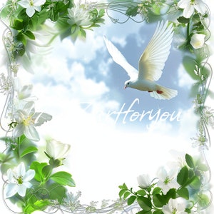 Marcos plateados de cielo verde Descansa en el cielo Palomas Alas de ángel Memorial PNG agregar foto descansa en paz plantilla para funeral RIP memorial