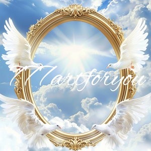 Blue Sky Gold Frames In Loving Memory Doves Angel Wings Memorial PNG add photo rest in peace template for funeral RIP memorial