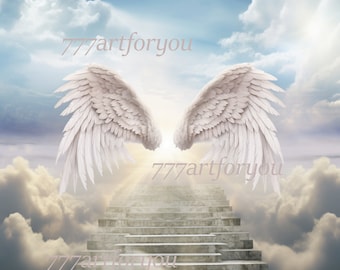 In Loving Memory PNG, Blue Sky Heaven Stairway Memorial Background for Funeral, Memorial & Remembrance. Canva Memorial T-Shirt Sublimation.