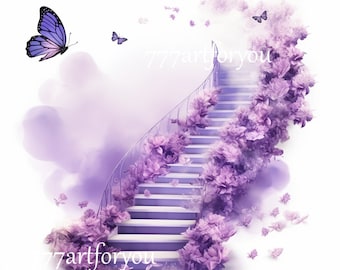 W kochającej pamięci PNG, fioletowe tło pamiątkowe, projekt „Spoczywaj w pokoju”, schody do nieba z kwiatami i motylami, 04