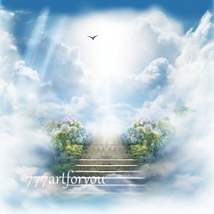 Heavenly Remembrance: Crafting a Memorial Tribute with Blue Sky,Clouds, and the Stairway to Heaven – In Loving Memory PNG and Shirt Template
