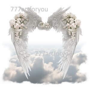 May include: White angel wings with delicate white flowers on each side, set against a backdrop of fluffy white clouds.