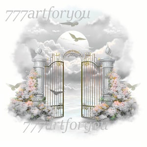 Black White Heavens Gate In Loving Forever In Our Hearts Angel Wings Memorial PNG add photo rest in peace template for funeral RIP memorial