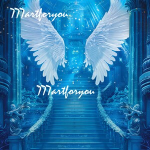 May include: A pair of white angel wings with a blue and white background. The wings are positioned above a set of stairs with a blue and white railing. The text "Martforyou" is written in white on the image.