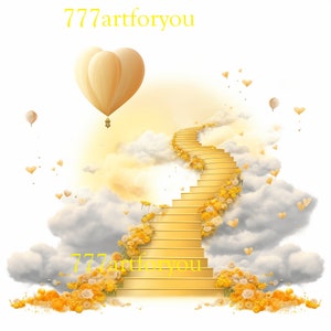 In Loving Memory PNG, Yellow Sky Heaven Stairway Memorial Background for Funeral, Memorial & Remembrance. Canva Memorial T-Shirt Sublimation