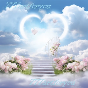 In Loving Memory PNG, Memorial Background Template Stairs to Heaven, Rest in Peace, Cloudy Sky, White flowers , clouds sky
