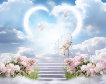 In Loving Memory PNG, Memorial Background Template Stairs to Heaven, Rest in Peace, Cloudy Sky, White flowers , clouds sky