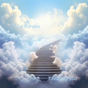 Peut inclure: Œuvre d'art numérique représentant un escalier montant vers un ciel lumineux, entouré de nuages blancs. Le texte "777artforyou" en bleu clair est présent.