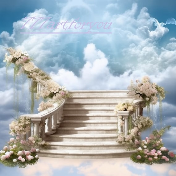 In Loving Memory PNG, Memorial Background Template Stairs to Heaven, Rest  in Peace, Cloudy Sky, 04 Designs Included for Instant Download