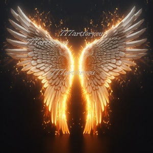 May include: A pair of golden angel wings with a fiery glow, set against a black background. The wings are detailed with feathers and have a soft, ethereal quality.