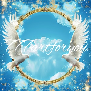 Blue Sky Gold Frames In Loving Memory Doves Angel Wings Memorial PNG add photo rest in peace template for funeral RIP memorial