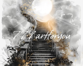 In Loving Memory PNG, black gold Heaven Stairway Memorial Background for Funeral, Memorial & Remembrance. Canva Memorial T-Shirt Sublimation