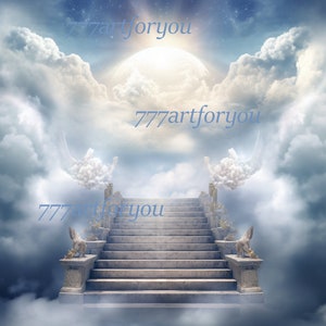May include: A stone staircase leading up to a bright white moon in a cloudy sky. The staircase is flanked by two stone statues with wings. The text "777artforyou" appears three times in the image.