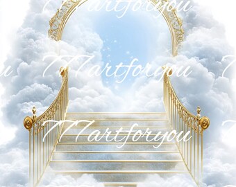 W kochającej pamięci Edytowalny szablon Canva, Koszulka pamiątkowa PNG, Schody nieba, Niebiesko-białe, Pogrzeb i świętowanie życia, Brama, RIP