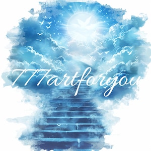 In Loving Memory PNG, Blue Sky Heaven Stairway Memorial Background for Funeral, Memorial & Remembrance. Canva Memorial T-Shirt Sublimation.