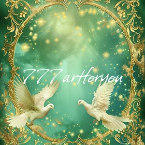 Green Gold Heavenly Birthday Doves, Heavens Gate Memorial Background PNG, Add Photo, Rest In Peace Template, RIP Memorial Design