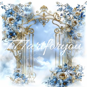 Blue In Loving Memory PNG, Gold Heavens Gate, Memorial Background, Rest in Peace sublimation, gate ,heaven
