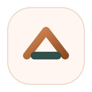 Könnte beinhalten: Ein minimalistisches Grafikdesign mit einer braunen Dreiecksform und einem dunkelgrünen horizontalen Balken an der Basis, vor einem weichen, beige abgerundeten quadratischen Hintergrund. Das Design ist einfach und modern.