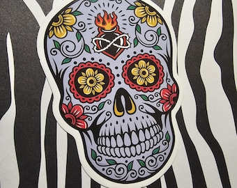 Etiqueta engomada floral de calavera de azúcar - Etiqueta engomada de vinilo con diseño atrevido del Día de los Muertos