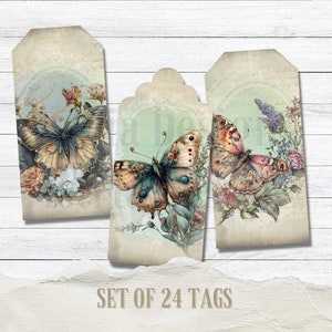Etichette vintage a farfalla, farfalle, etichette regalo per la festa della mamma, oggetti effimeri vintage, etichette floreali, diario spazzatura e forniture per scrapbooking, stampabili