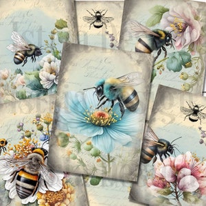 Bees Journaling Cards, Floral Printable, Watercolor Bees ATC Cards, Vintage Spring Ephemera, Insects, Junk Journal & Scrapbooking Supplies