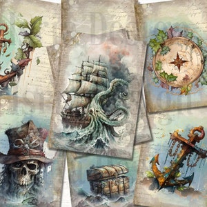 Vintage Pirate Journaling Cards, ATC Cards Printable, Nautical Ephemera, Digital Craft Supplies, Junk Journal Inserts, Sailboat, Anchor