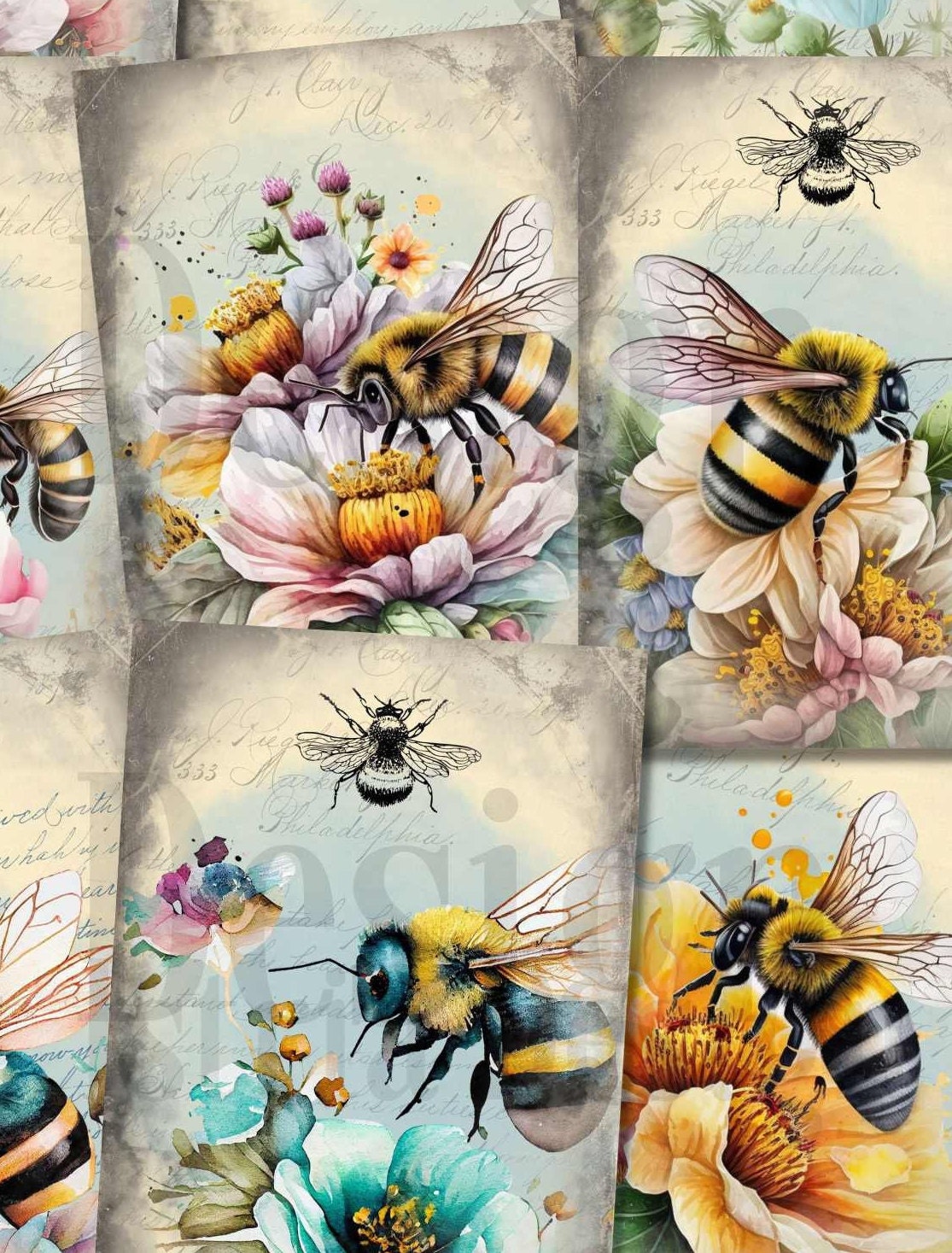 Bees Journaling Cards, Floral Printable, Watercolor Bees ATC Cards