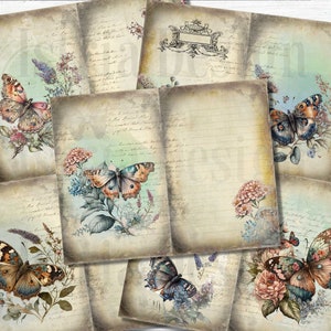 Papier numérique papillons vintage, Journal papillon, Pages de journal imprimables et florales, Éphémères de printemps, Fête des mères, Fournitures de journal indésirable