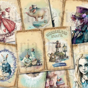Alice in Wonderland Junk Journal Kit, Summer Junk Journal Pages, Vintage Ephemera, Mad Hatter, Collage Sheet, Digital Download, Printable