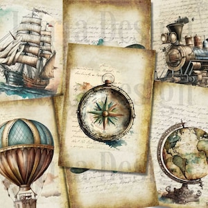 cartes de journalisation de voyage vintage, cartes de journal imprimables, éphémères vintage, cartes ATC numériques, journal indésirable et fournitures de scrapbooking