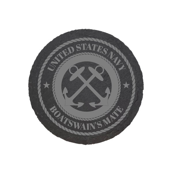 Boatswain's Mate Slate Coasters, United States Navy Slate Coasters, 4 Inch Diameter, Black Slate, Square or Circle