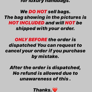 Puede incluir: Texto sobre fondo gris que anuncia la venta de insertos y bases para bolsos de lujo. Aclara que no se venden bolsos y no est&aacute;n incluidos en los pedidos. No se permiten reembolsos despu&eacute;s del env&iacute;o.