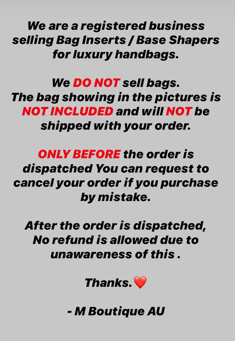 Puede incluir: Texto sobre fondo gris que anuncia la venta de insertos y bases para bolsos de lujo. Aclara que no se venden bolsos y no est&aacute;n incluidos en los pedidos. No se permiten reembolsos despu&eacute;s del env&iacute;o.