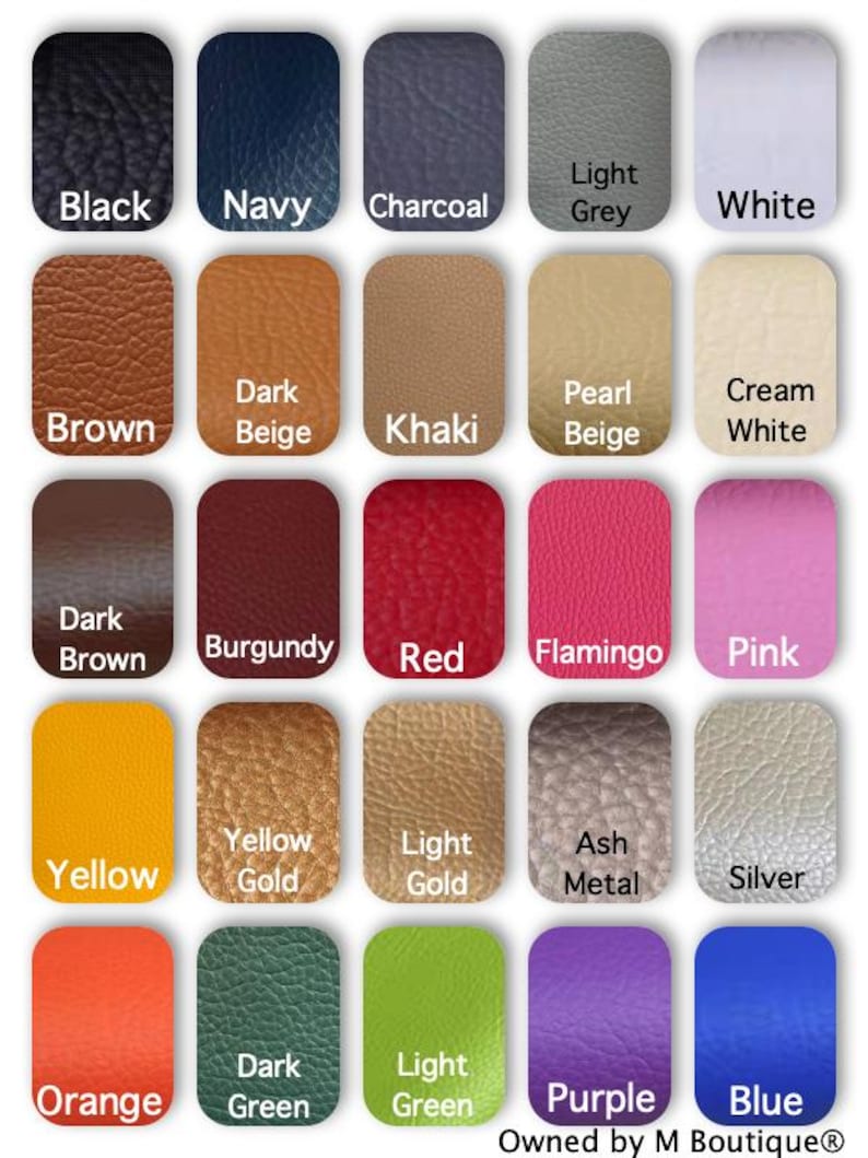 May include: A color chart showing 20 different leather colors. The colors are arranged in five rows of four colors each. The colors are: black, navy, charcoal, light grey, white, brown, dark beige, khaki, pearl beige, cream white, dark brown, burgundy, red, flamingo, pink, yellow, yellow gold, light gold, ash metal, silver, orange, dark green, light green, purple, and blue.