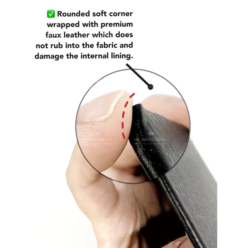 May include: Close-up of a black leather wallet corner showing a rounded edge and a stitched seam. The corner is wrapped with faux leather to prevent damage to the fabric lining.