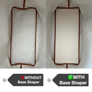 May include: A comparison of a tote bag with and without a base shaper. The image on the left shows the bag without a shaper, and the image on the right shows the bag with a shaper. The shaper helps to keep the bag's shape and prevent it from collapsing.