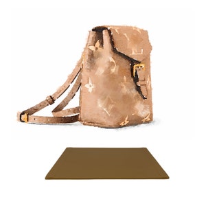 May include: A brown leather backpack with a monogram pattern. The backpack has a single strap and a buckle closure. The backpack is sitting on a brown surface.