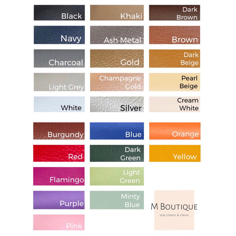 Puede incluir: Una carta de colores con una variedad de tonos, incluyendo negro, azul marino, caqui y burdeos. Otros colores incluyen oro, plata y tonos de verde, azul y rosa. El texto "M BOUTIQUE stay classic & classy" est&aacute; en la esquina inferior derecha.