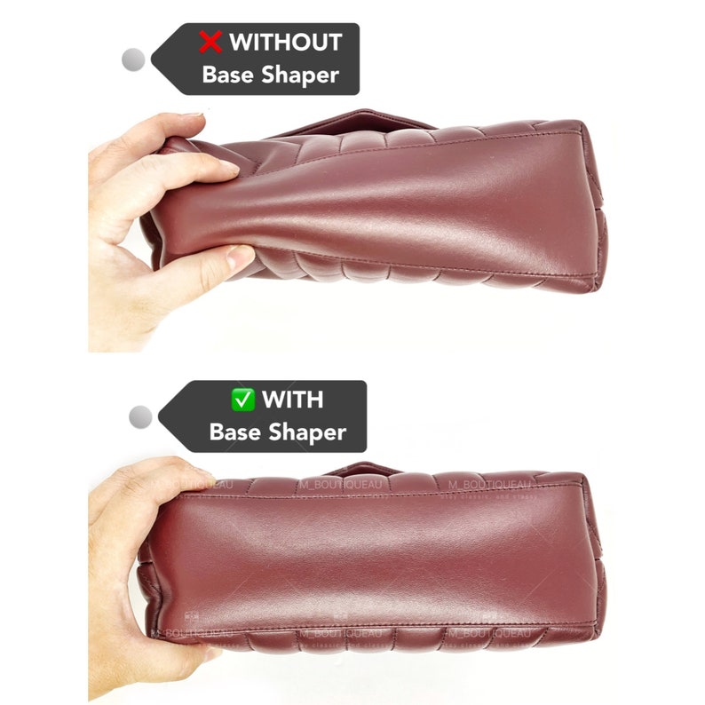 Puede incluir: Un bolso acolchado burdeos, mostrado con y sin un soporte de base. La imagen superior muestra el bolso sin soporte de base, y la imagen inferior muestra el bolso con un soporte de base. El texto de la imagen dice "WITHOUT Base Shaper" y "WITH Base Shaper."