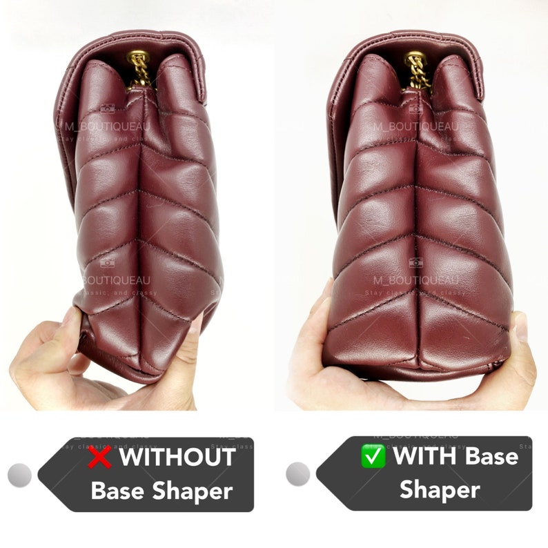 Puede incluir: Bolso de mano acolchado de cuero burdeos con una correa de cadena dorada. El bolso se muestra con y sin un moldeador de base. El texto de la imagen dice "M_BOUTIQUEAU" y "WITHOUT Base Shaper" y "WITH Base Shaper".