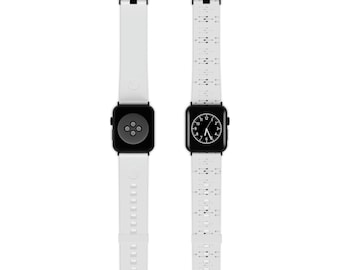 Könnte beinhalten: Zwei weiße Apple Watch-Armbänder, eines schlicht und eines mit einem schwarz-weißen Pfeilmuster. Beide Armbänder haben schwarze Verschlüsse und sind an schwarzen Apple Watches befestigt. Das Zifferblatt der Uhr links zeigt einen schwarzen Bildschirm mit vier weißen Punkten. Das Zifferblatt der Uhr rechts zeigt ein weißes Zifferblatt mit schwarzen Zeigern und Zahlen.