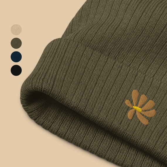 Embroidered Groovy Aesthetic Flower Ribbed Knit Beanie 