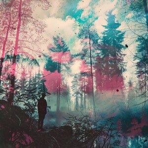 May include: An artistic, digitally enhanced image of a forest scene. The image features a person standing amidst tall trees with a color palette of pink, teal, and blue. The sky is visible with clouds, and the overall effect is dreamlike.