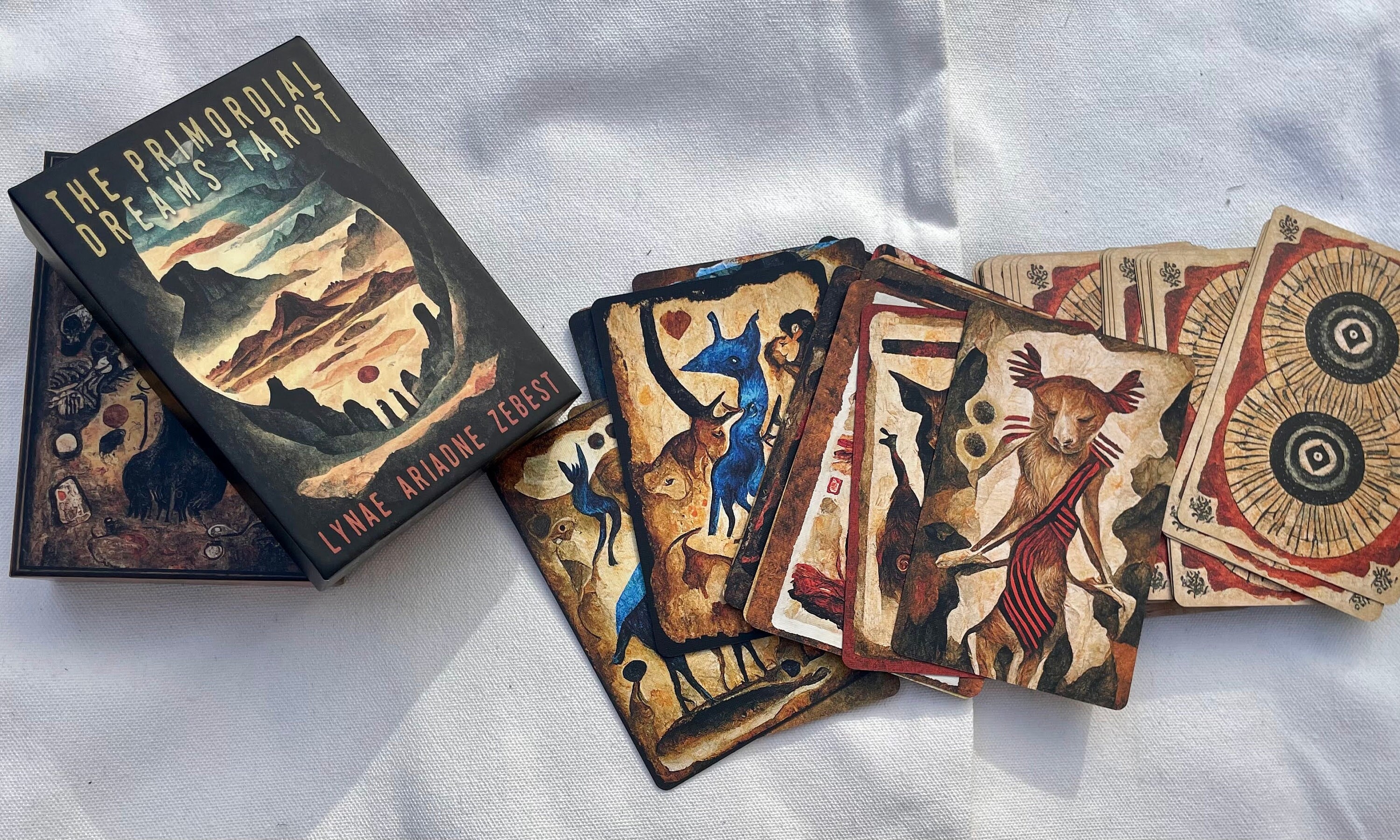 The Primordial Dreams Tarot - indie intuitive deck with guidebook and drawstring bag, original artwork, Neolithic inspired
