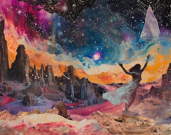 Könnte beinhalten: Ein digitales Gemälde einer Frau mit erhobenen Armen in einer Wüstenlandschaft mit einem Sternenhimmel. Die Frau trägt ein fließendes blaues Kleid und ist vor dem hellen, farbenfrohen Himmel silhouettiert. Die Wüstenlandschaft besteht aus felsigen Bergen und Schluchten.