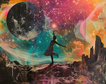 Könnte beinhalten: Eine Silhouette einer Person, die auf einem felsigen Vorsprung vor einem farbenfrohen, abstrakten Hintergrund tanzt. Der Hintergrund zeigt einen großen, dunklen Planeten, wirbelnde Wolken und einen Sternenhimmel.